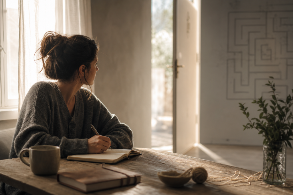 Woman writing in a notebook at a sunlit table, looking toward an open door