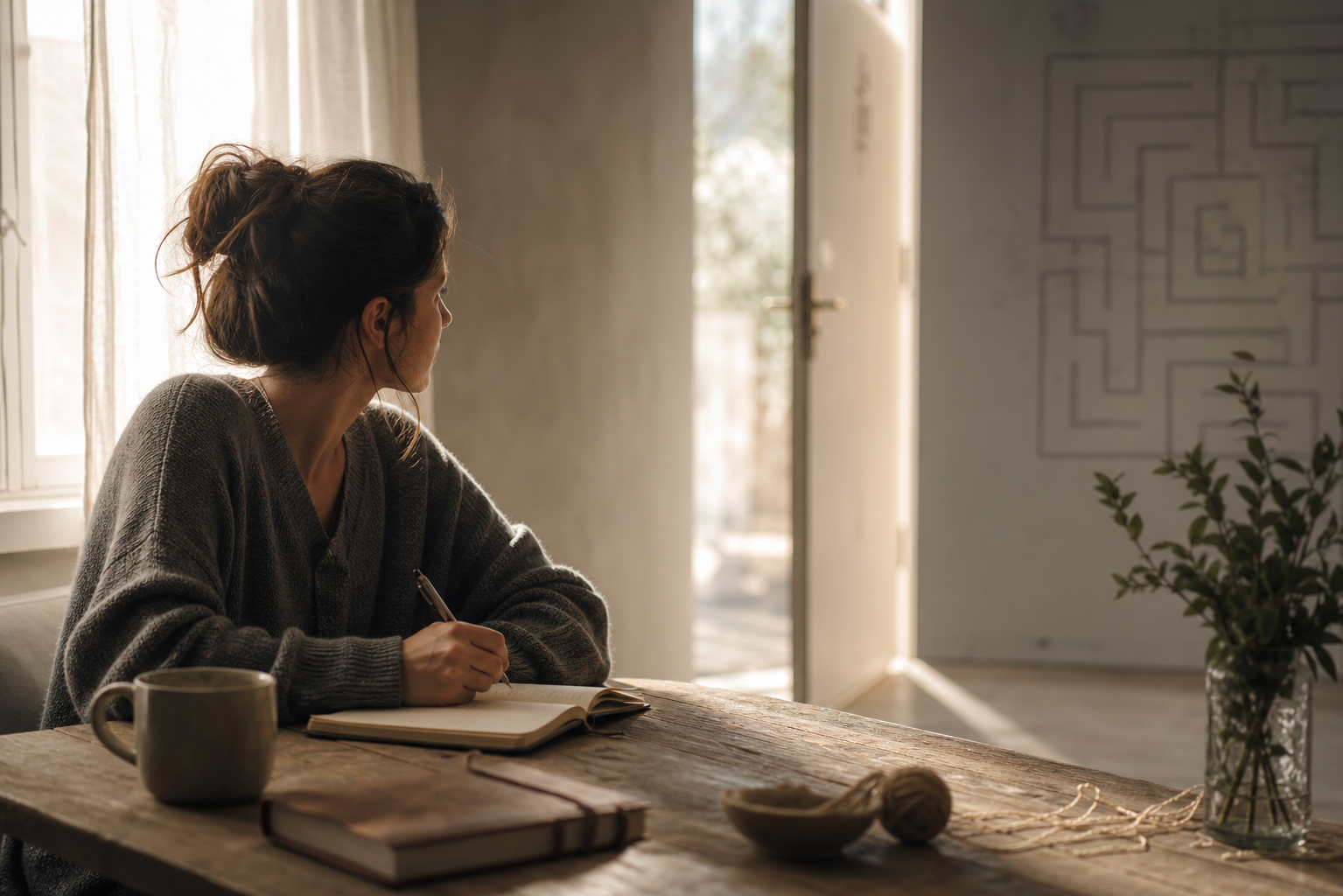 Woman writing in a notebook at a sunlit table, looking toward an open door