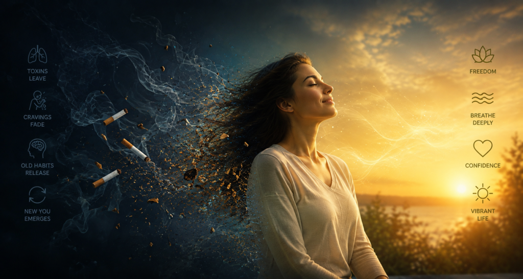 quit smoking naturally with hypnosis hero image Photo of a woman who has just quit smoking naturally with hypnosis, and he was looking forward to a brighter, healthier future.