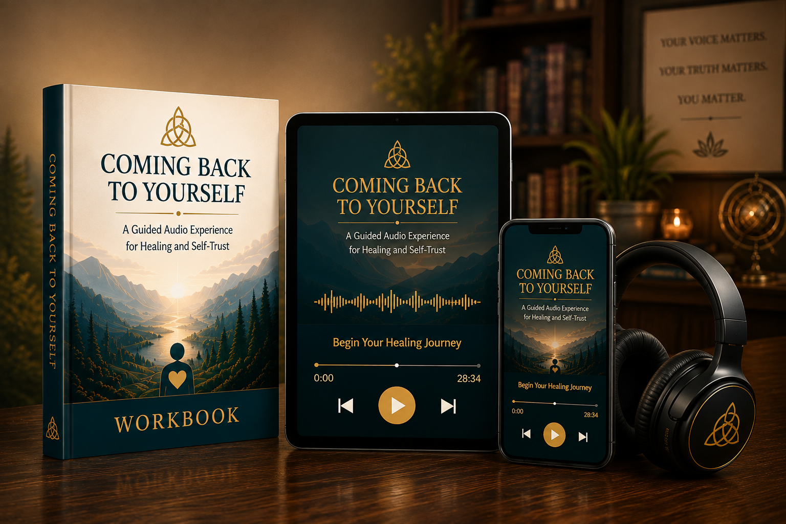 Coming Back to Yourself guided audio program with workbook, audio sessions, and headphones