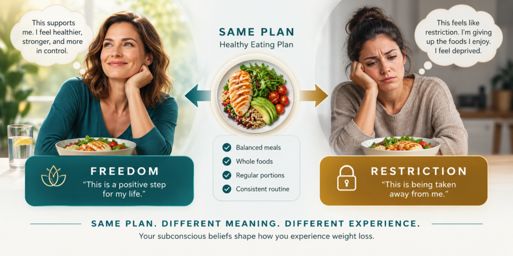 How Subconscious Beliefs Shape the Weight Loss Experience Same healthy eating plan experienced as freedom or restriction based on subconscious beliefs about weight loss.W