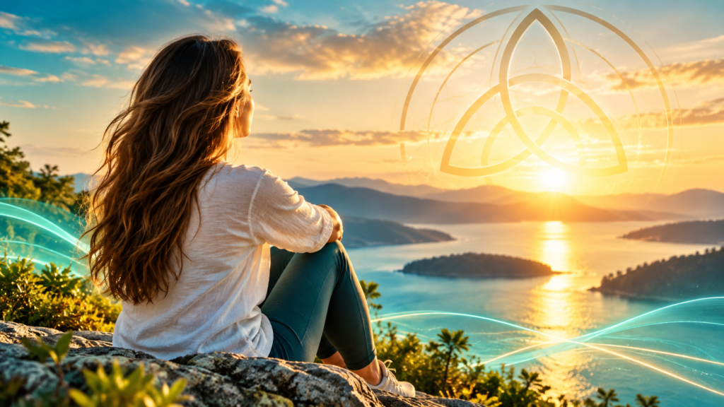 Woman overlooking a peaceful mountain lake at sunset, symbolizing subconscious transformation, healing, and lasting weight loss.