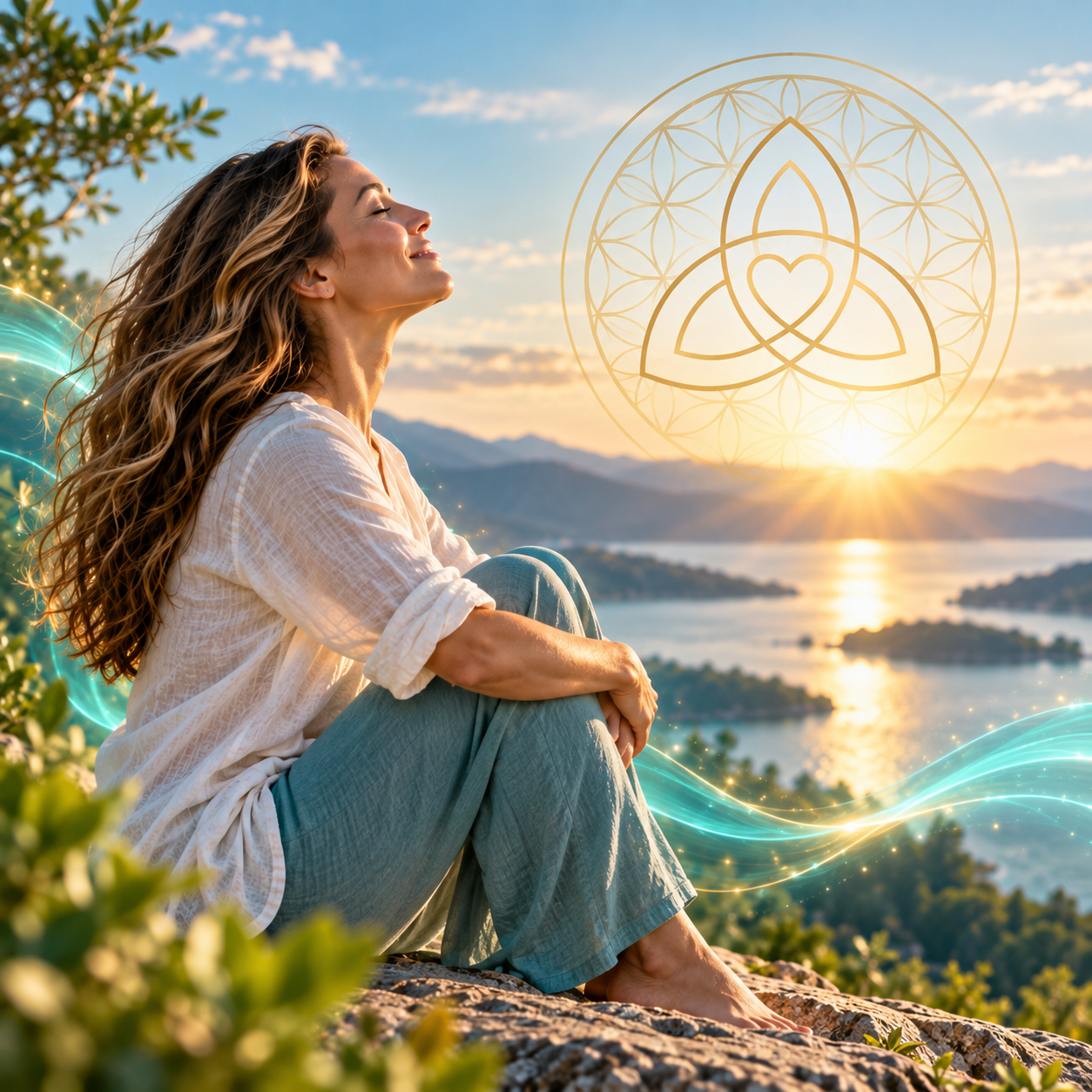Woman relaxing beside a mountain lake representing subconscious weight loss, emotional freedom, and inner transformation
