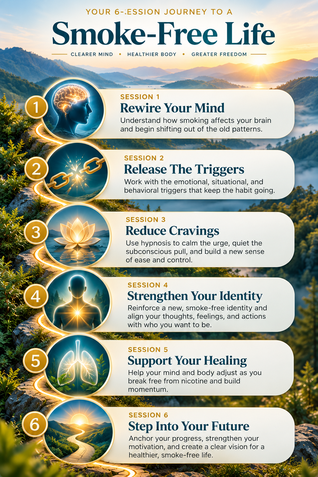 Six-session quit smoking hypnosis journey showing subconscious change, trigger release, craving reduction, smoke-free identity, healing, and a healthier future.