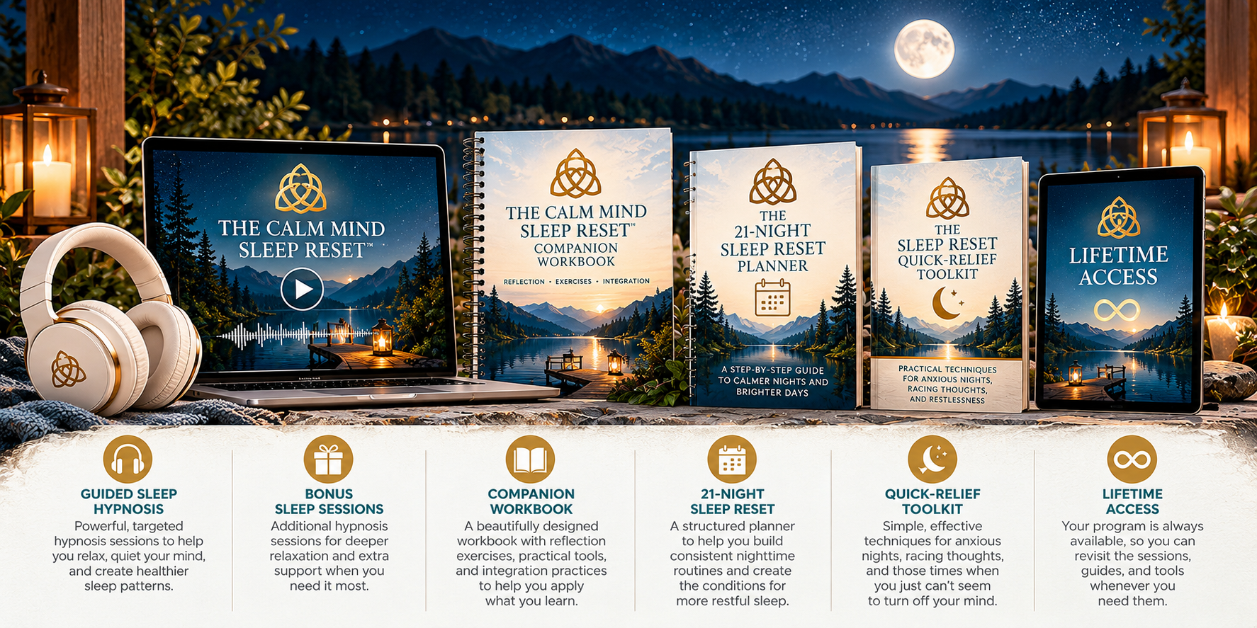 The Calm Mind Sleep Reset hypnosis program featuring guided sleep hypnosis sessions, companion workbook, 21-night sleep reset planner, quick-relief toolkit, and lifetime access.