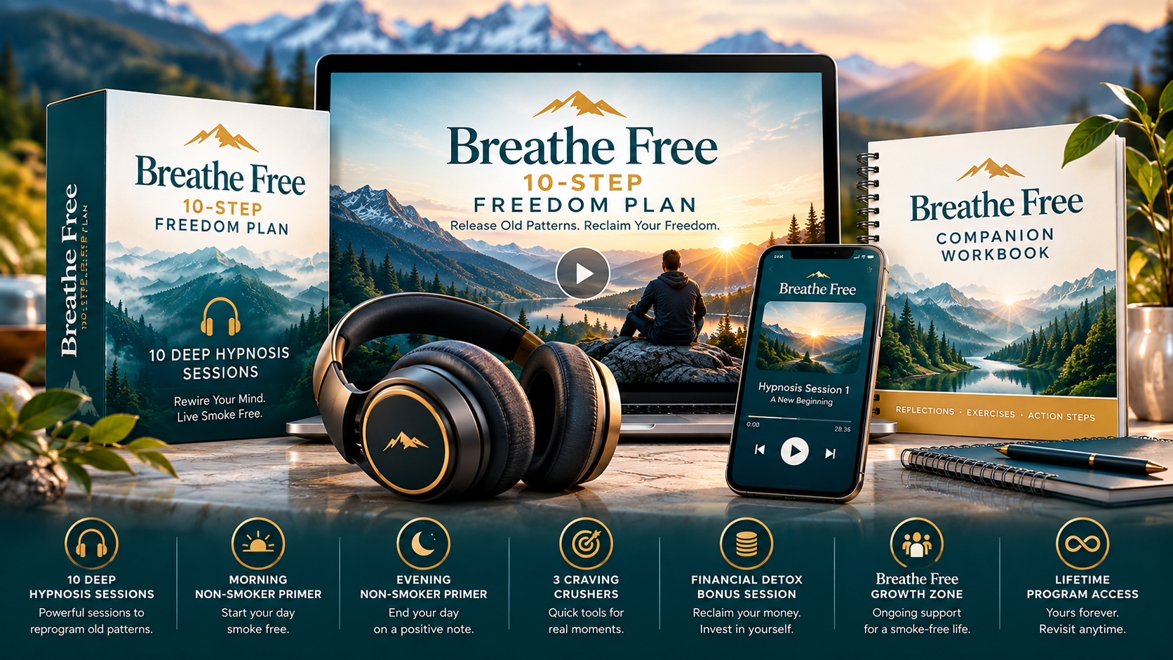 Breathe Free 10-Step Freedom Plan – Complete Hypnosis Program (Desktop) Breathe Free 10-Step Freedom Plan hypnosis program featuring audio sessions on a computer and smartphone, headphones, companion workbook, and smoke-free support tools.