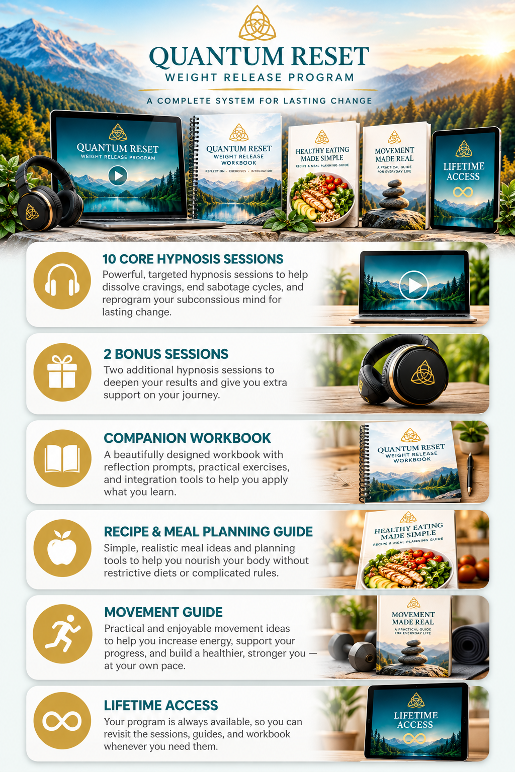 Quantum Reset Weight Release Program including hypnosis sessions, companion workbook, meal planning guide, movement guide, and lifetime access