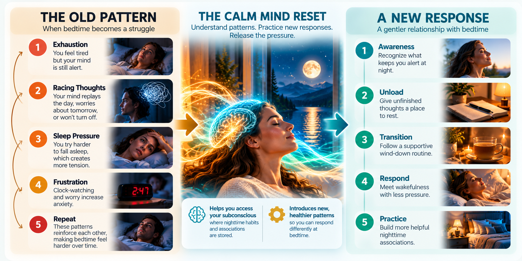Calm Mind Sleep Reset infographic showing how exhaustion, racing thoughts, sleep pressure, and bedtime frustration can transition into awareness, relaxation, and healthier nighttime habits.