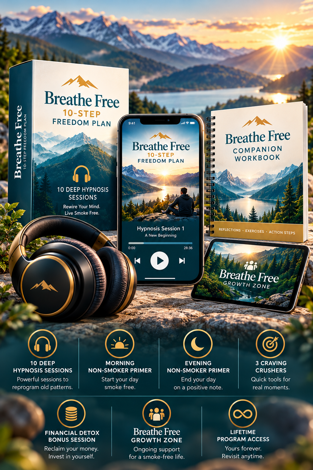 Breathe Free 10-Step Freedom Plan – Complete Hypnosis Program (Mobile) Breathe Free 10-Step Freedom Plan with smartphone hypnosis player, headphones, companion workbook, craving tools, and lifetime program access.