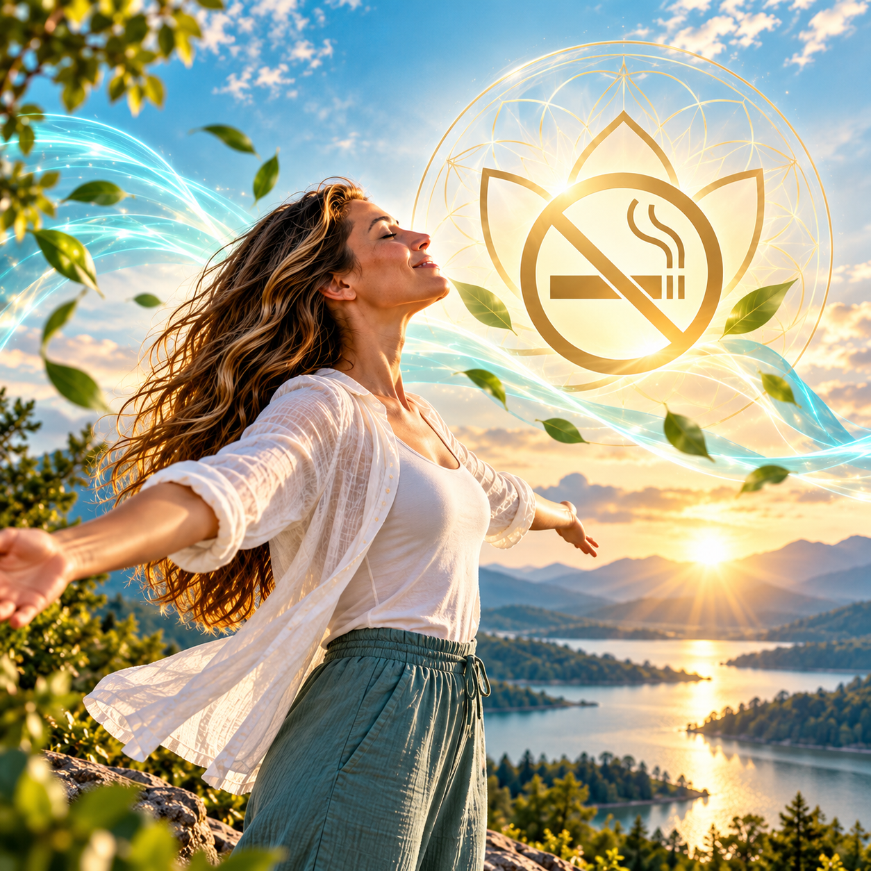 Woman breathing freely outdoors representing freedom from smoking