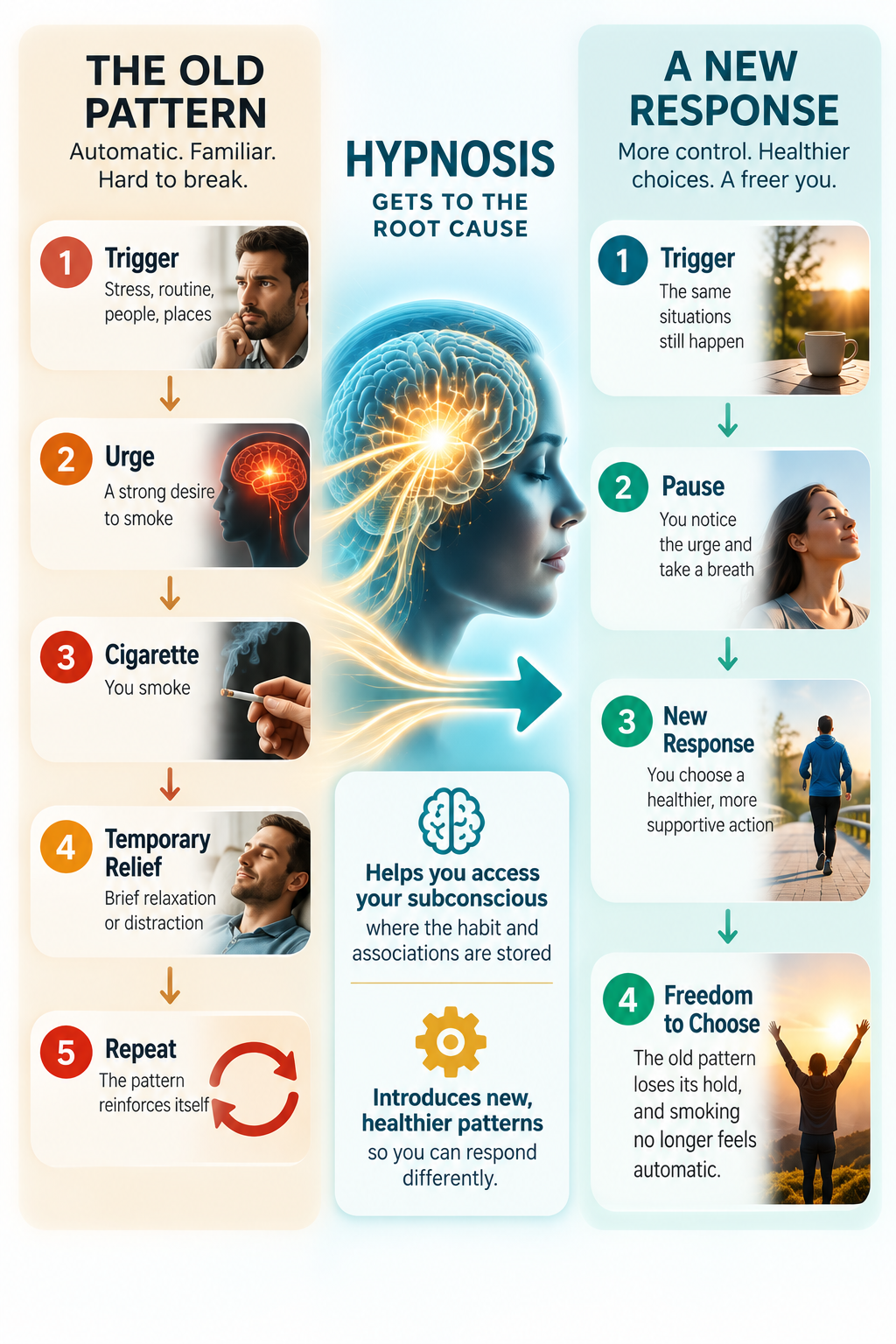     Mobile infographic showing the smoking habit cycle, hypnosis and subconscious patterns, and a new response to smoking triggers.