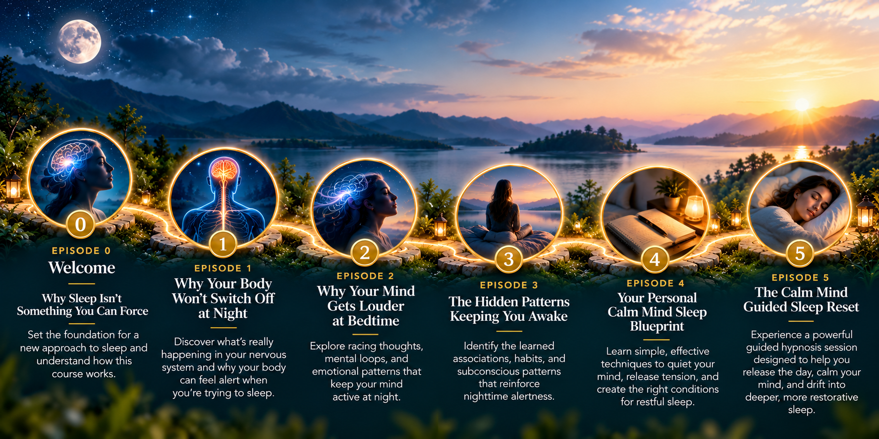 Six-episode Calm Mind Sleep Reset journey, illustrating nighttime alertness, racing thoughts, learned sleep patterns, a personal sleep blueprint, and guided sleep hypnosis.