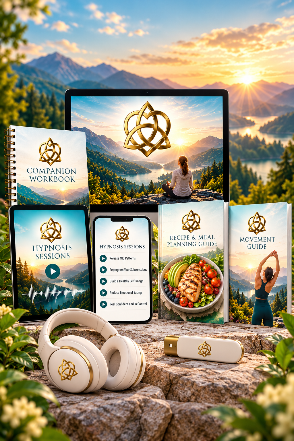 Quantum Reset Weight Release Program with hypnosis sessions, workbook, meal planning guide, and movement guide