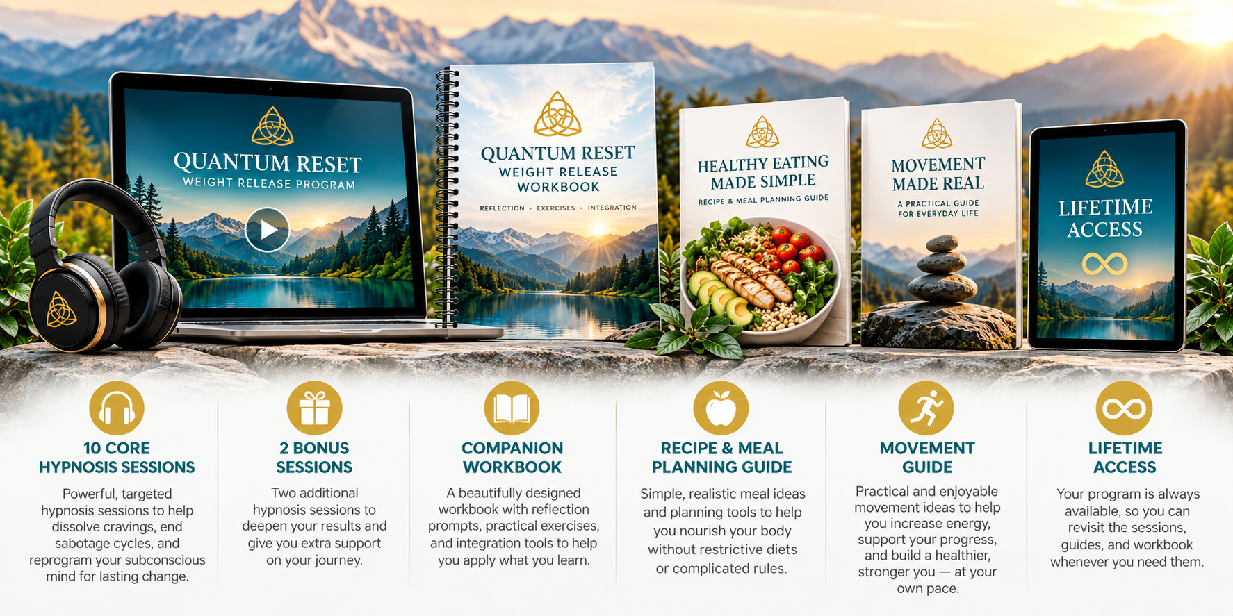 Quantum Reset Weight Release Program with hypnosis sessions, workbook, meal planning guide, movement guide, and lifetime access