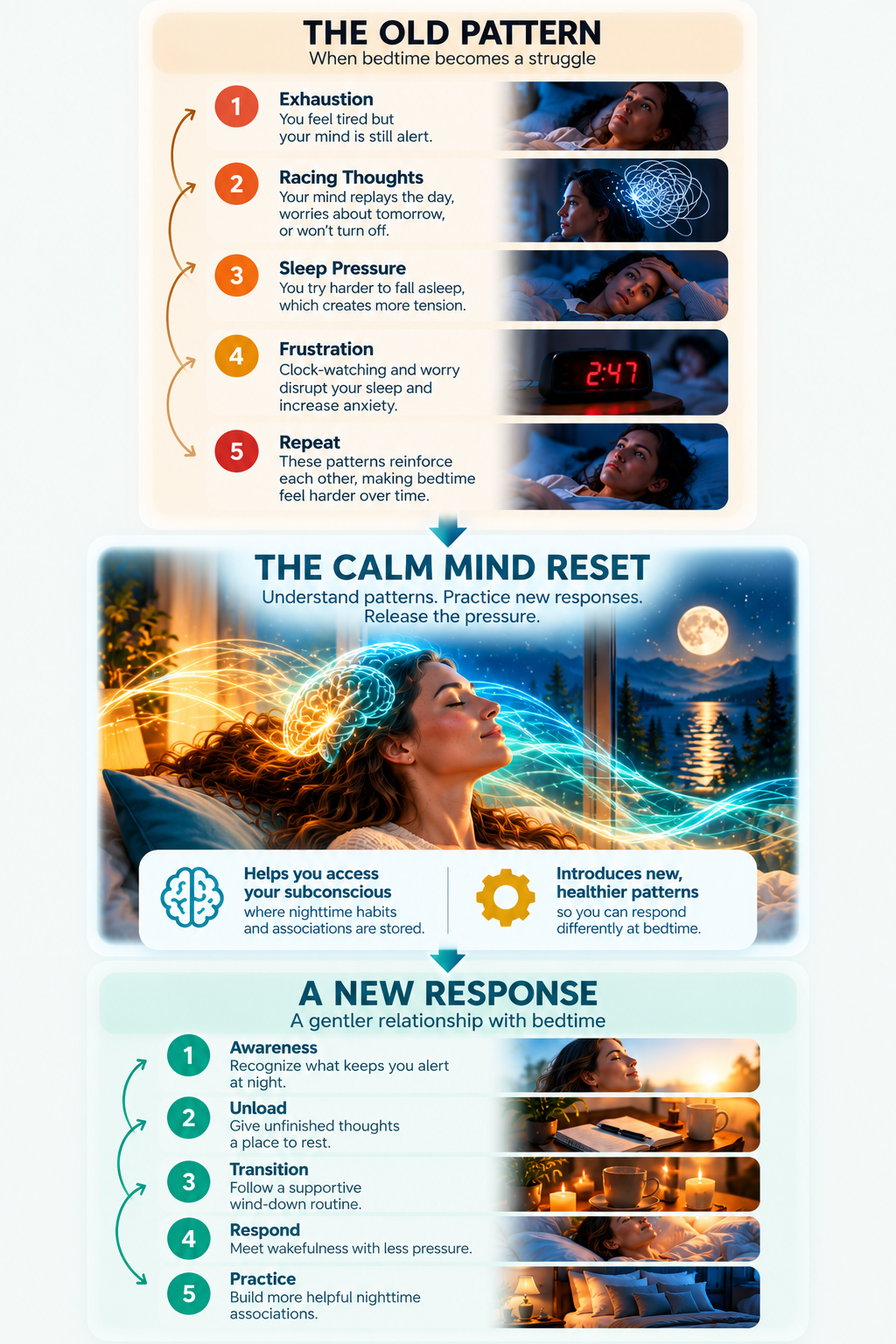 Mobile infographic illustrating the Calm Mind Sleep Reset process, showing how racing thoughts, sleep pressure, and bedtime frustration can transition into calming routines, healthier sleep habits, and a more peaceful relationship with sleep.