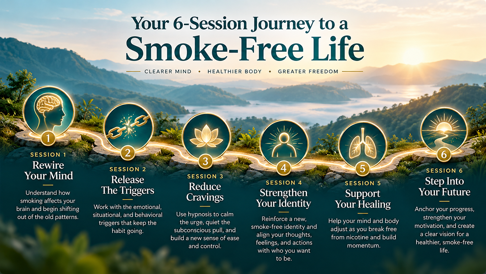 Six-session quit smoking hypnosis journey showing subconscious change, trigger release, craving reduction, smoke-free identity, healing, and a healthier future.