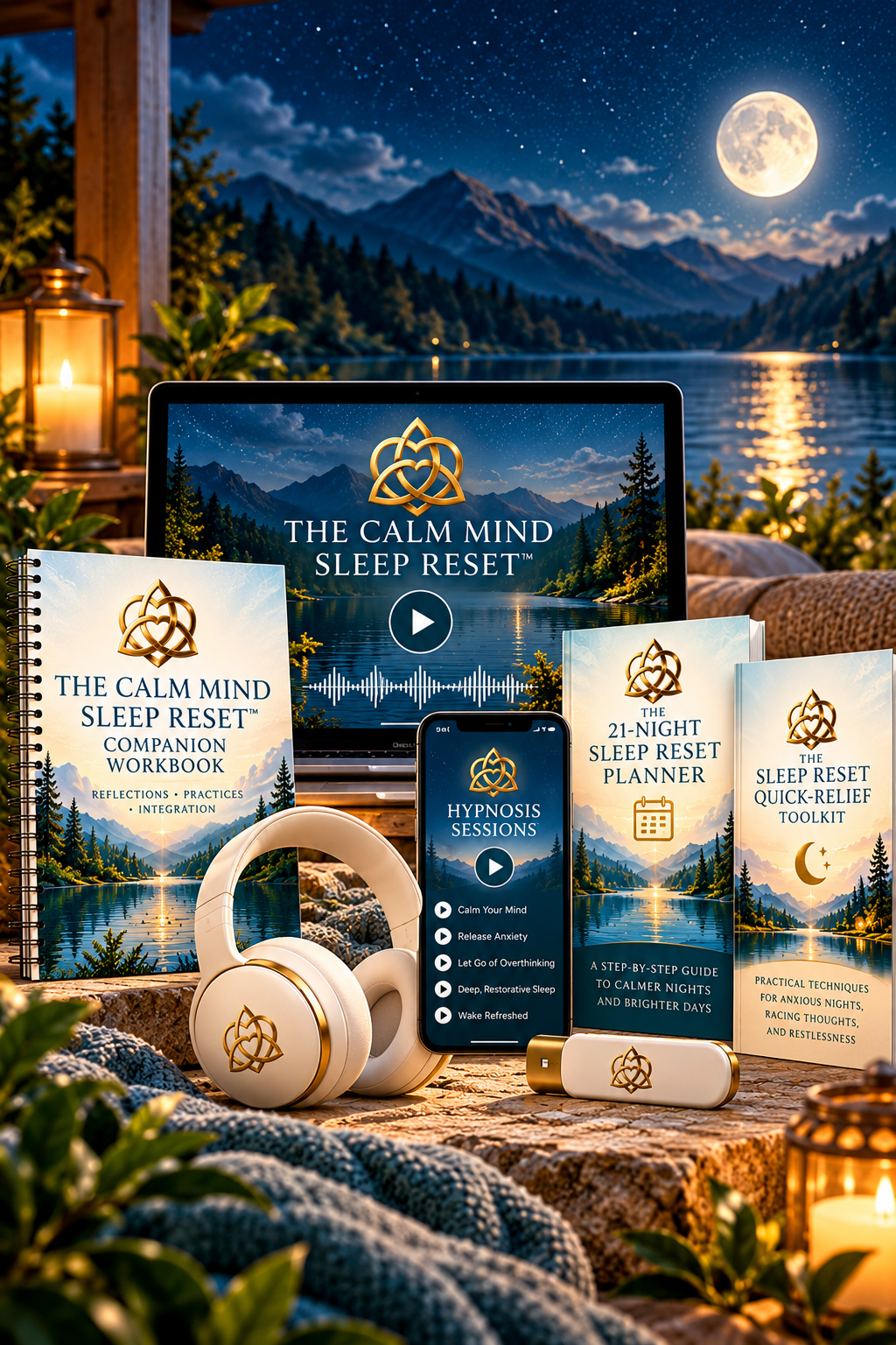 The Calm Mind Sleep Reset™ hypnosis program mobile graphic featuring guided sleep hypnosis sessions, companion workbook, 21-night sleep planner, and sleep relief toolkit with gold Celtic triquetra-heart branding.