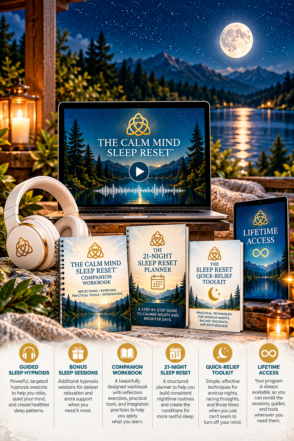 The Calm Mind Sleep Reset™ mobile program showcase featuring guided sleep hypnosis, companion workbook, 21-night sleep reset planner, quick-relief toolkit, and lifetime access.