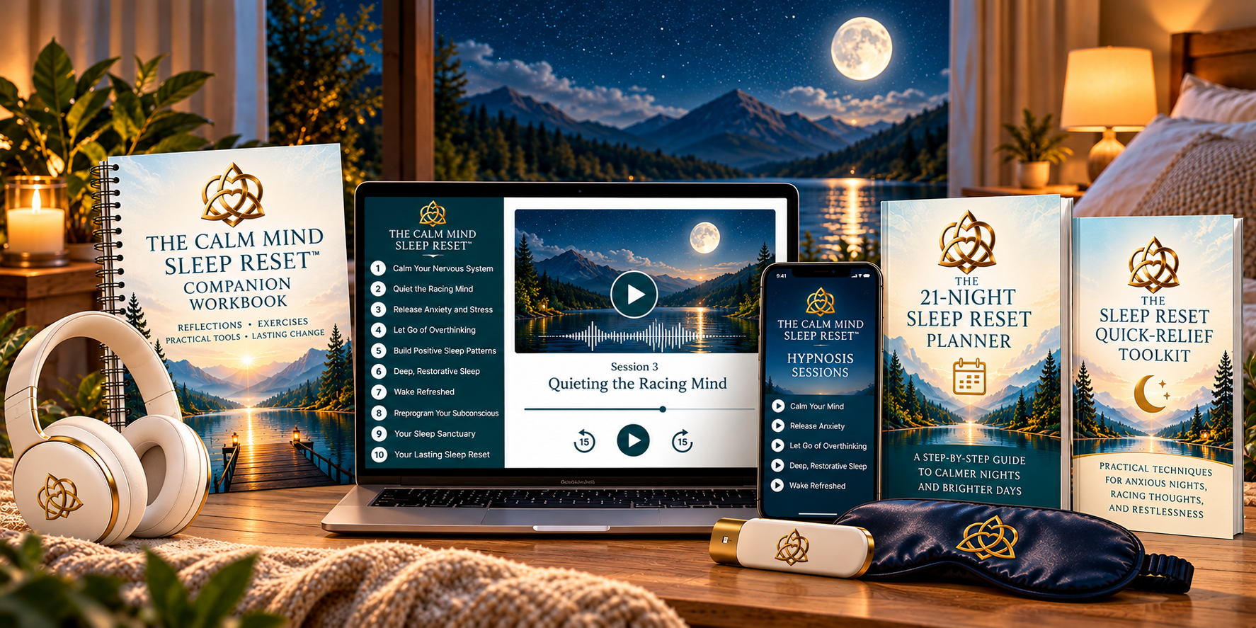The Calm Mind Sleep Reset™ complete hypnosis program with guided sleep sessions, companion workbook, 21-night planner, quick-relief toolkit, and gold Celtic triquetra-heart branding.