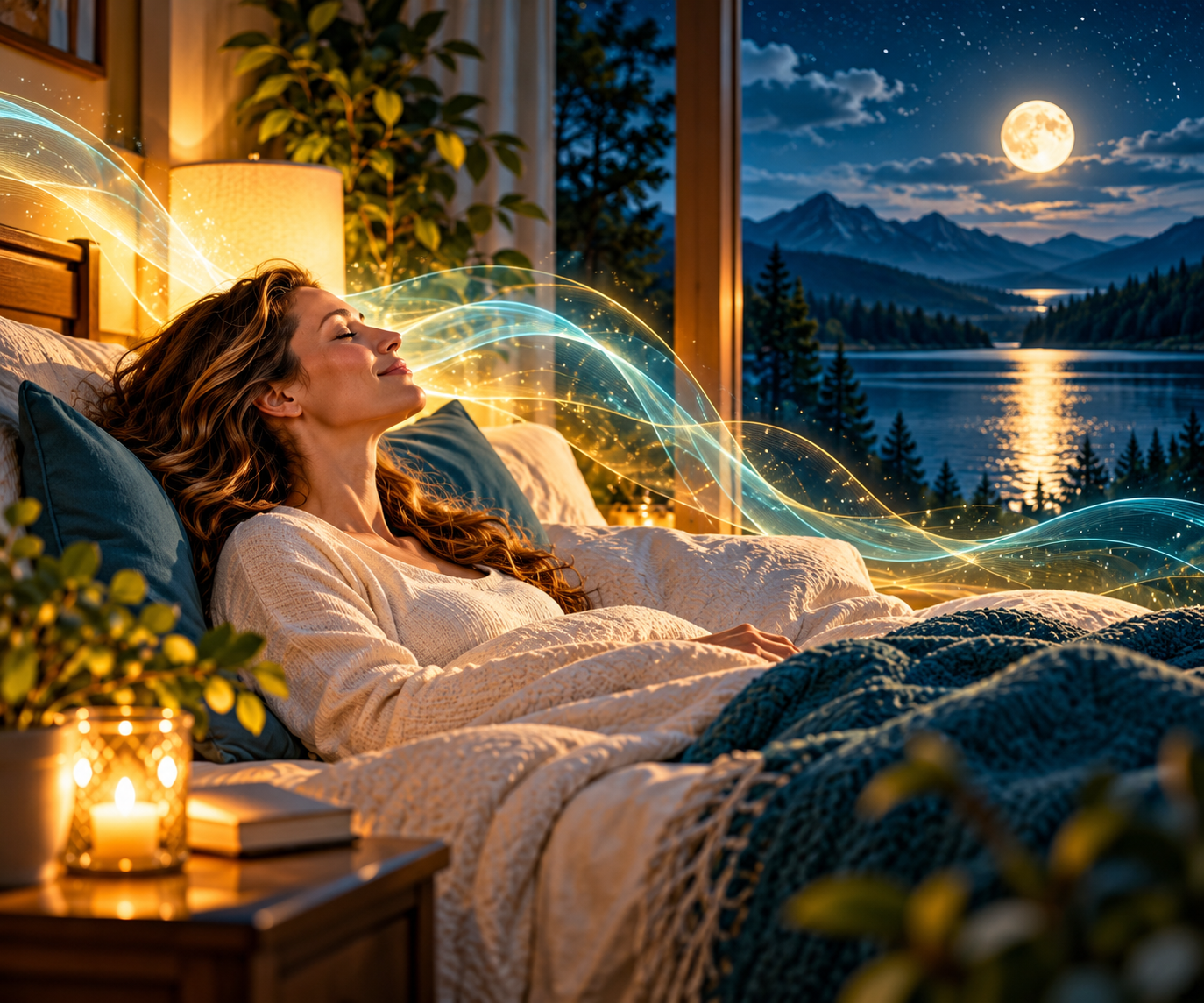 Woman relaxing peacefully in bed beside a moonlit lake, surrounded by gentle teal and gold light, representing the Calm Mind Sleep Reset Activation free course.