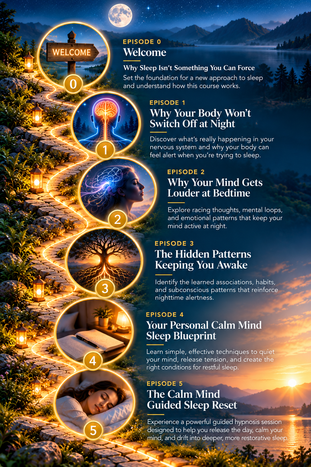 Mobile infographic illustrating the six episodes of The Calm Mind Sleep Reset Activation, from understanding nighttime alertness and racing thoughts to creating a personal sleep blueprint and experiencing guided sleep hypnosis.