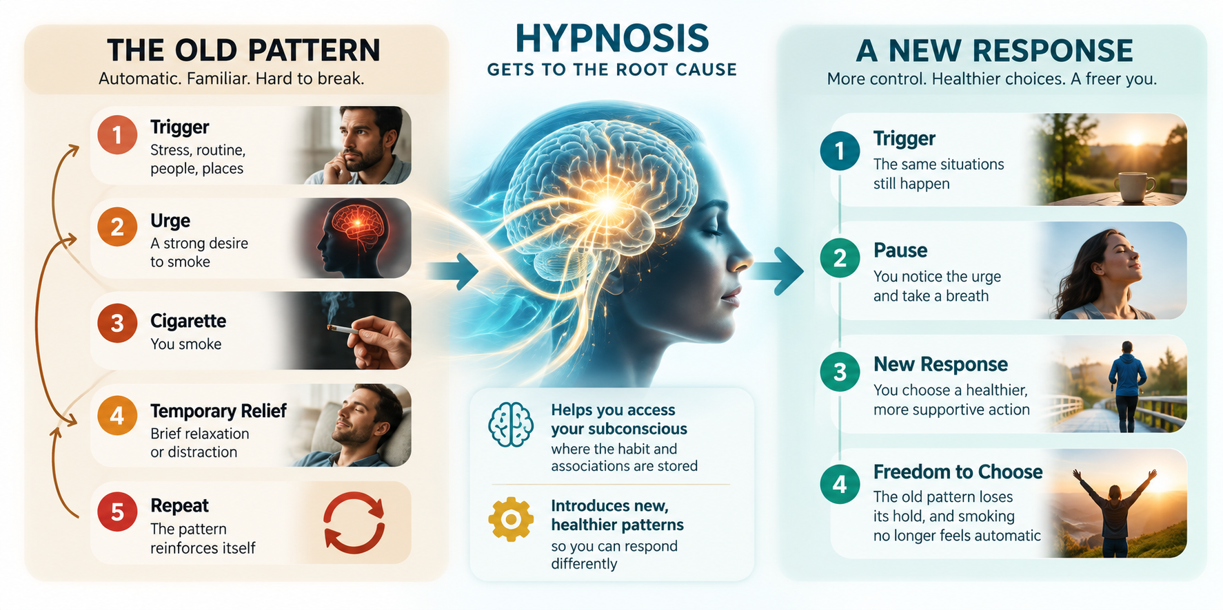     Infographic showing the smoking trigger and craving cycle and how hypnosis can support new responses to smoking triggers.