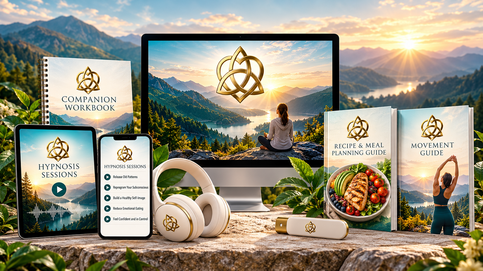 Quantum Reset Weight Release Program with hypnosis sessions, workbook, meal planning guide, and movement guide